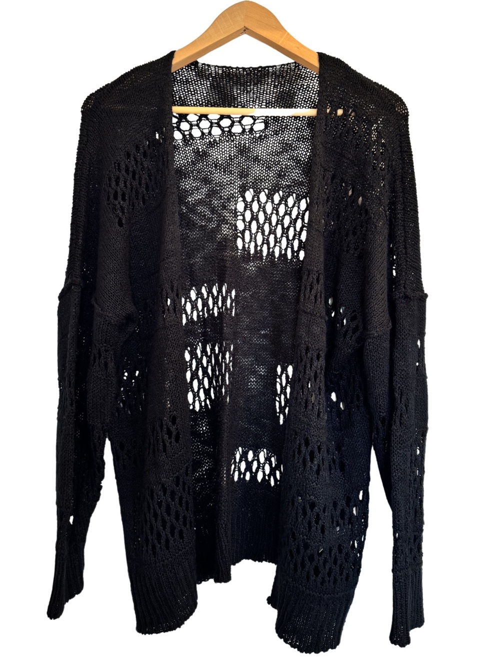 Black Open Knit Cardigan Oversized Lightweight Sheer Boho Layering Size S